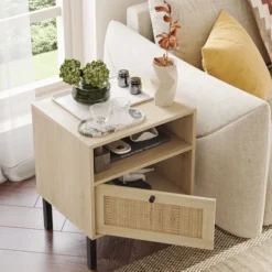 Angel Sar Rattan Nightstands Set Of 2, Boho Night Stand With 1 Door, Natural Wood
