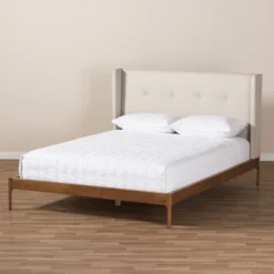 Brooklyn Mid Century Modern Walnut Wood Fabric Upholstered Platform Bed Beige - Baxton Studio -Nexera Furniture Store GUEST 9bbd228e 95b1 4aac a3f6 8016dee1de99