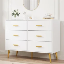 Whizmax White 6 Drawer Dresser With Storage Space, Modern Wooden Dresser With Gold Handles, Chest Dresser With Deep Drawers For Bedroom, Living Room -Nexera Furniture Store GUEST a057d63c 9d16 4547 b4d6 4881ad0bb985