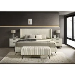 Roundhill Furniture Mavela Wide-wale Corduroy Upholstery Panel Bed With 2 Nightstands And Bench