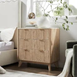 32" Tall Fluted Nightstand, Modern Side Table With Faux Marble Top, 3 Drawers End Table W/Storage, Bedside Table For Bedroom, Living Room