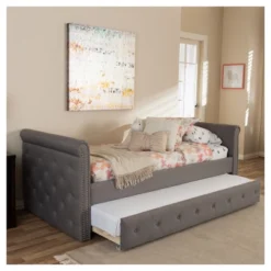 Twin Swanson Modern And Contemporary Fabric Tufted Daybed With Roll-Out Trundle Guest Bed Gray - Baxton Studio: Polyester Upholstery, Nailhead Detail -Nexera Furniture Store GUEST ac14d6fc 7c8c 4d9a b26b ffd387fd1a36