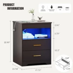 Fredees Night Stand With Drawer, Charging Bedside Table With USB & Type-C Port, LED Nightstand With Human Sensor Light.