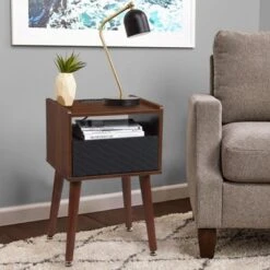 Nightstand With Storage – Mid Century Modern Bedroom Side Table Built-in Charging Station With 2 USB Ports & 2 Power Outlets