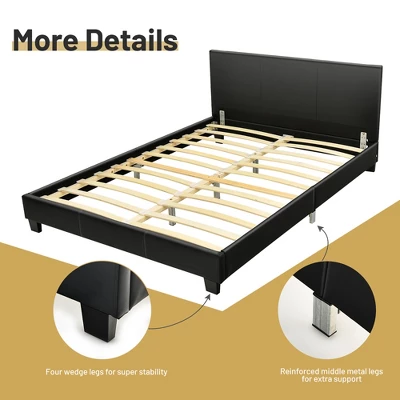 Costway Full Upholstered Platform Bed Frame With Linen/PU Headboard Wood Slat Gray/Black 9 Costway Full Upholstered Platform Bed Frame With Linen/PU Headboard Wood Slat Gray/Black - Image 7