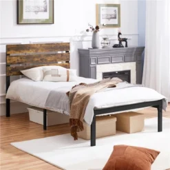 Yaheetech Metal Slatted Bed Frame With Wooden Headboard Mattress Foundation