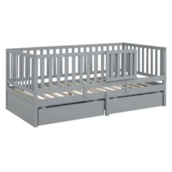 Twin/Full Size Wood Daybed With Fence Guardrails And 2 Drawers, Split Into Independent Floor Bed & Daybed-ModernLuxe -Nexera Furniture Store GUEST b6ed72a6 06b9 4945 8ae3 9309ecc52b07