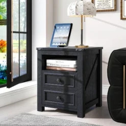 Dyonery Modern Wood End Table With Charging Station,Rustic 18 Inch Bedside Table With 2 Storage Drawers And Open Shelf, For Bedroom,Living Room -Nexera Furniture Store GUEST b8386475 52bc 43fd ad68 1c4cf893e7ff