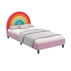 Twin Size Upholstered Platform Bed With Rainbow Design Headboard, Cute Style Princess Bed For Boys & Girls, Teens, Colorful & Pink-ModernLuxe -Nexera Furniture Store GUEST b85e2b5a 388c 416b afa9 772906c1d4f0