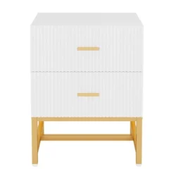 Resenkos 2-Drawer Nightstand, Large White Gold Bed Side Table, Modern Wide End Table Table For Living Room, Wood Metal Tall Night Stands