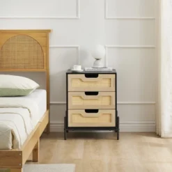 ODK Rattan Nightstand, Boho Bedside Table With 3 Large Storage Capacity, Spacious Surface, Modern Storage Night Stand For Bedroom, Black -Nexera Furniture Store GUEST c0a7ff2f ce2f 4d69 a232 a1ab896a33dc