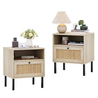 Angel Sar Rattan Nightstands Set Of 2, Boho Night Stand With 1 Door, Natural Wood 5 Angel Sar Rattan Nightstands Set Of 2, Boho Night Stand With 1 Door, Natural Wood - Image 3