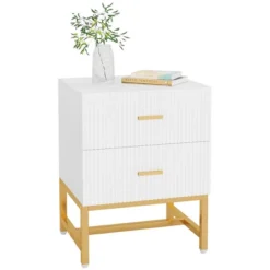 Resenkos 2-Drawer Nightstand, Large White Gold Bed Side Table, Modern Wide End Table Table For Living Room, Wood Metal Tall Night Stands -Nexera Furniture Store GUEST c4dba02d 82ae 4a7c bab5 b927b8c02435