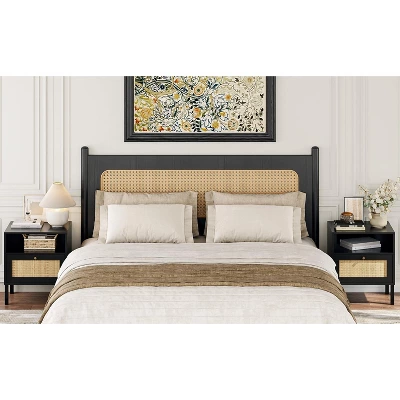 Angel Sar Rattan Nightstands Set Of 2, Accent End Table, Boho Bedside Table With 1 Hand Made Decorated Door For Living Room, Bedroom 8 Angel Sar Rattan Nightstands Set Of 2, Accent End Table, Boho Bedside Table With 1 Hand Made Decorated Door For Living Room, Bedroom - Image 6