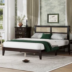 Queen/Full/King Size Rubber Wood Platform Bed With Rattan Headboard, Bed Frame With Support Legs - ModernLuxe -Nexera Furniture Store GUEST d2bcdd31 15ca 4125 bb7d eb8b46292168