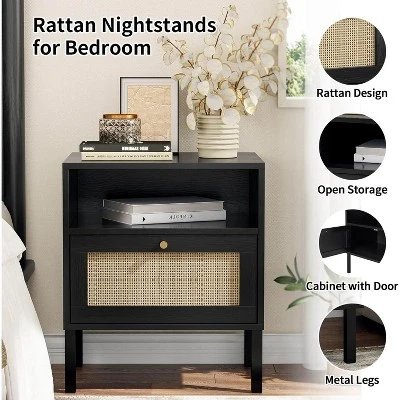 Angel Sar Rattan Nightstands Set Of 2, Accent End Table, Boho Bedside Table With 1 Hand Made Decorated Door For Living Room, Bedroom 5 Angel Sar Rattan Nightstands Set Of 2, Accent End Table, Boho Bedside Table With 1 Hand Made Decorated Door For Living Room, Bedroom - Image 3