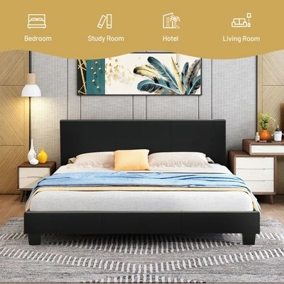 Costway Full Upholstered Platform Bed Frame With Linen/PU Headboard Wood Slat Gray/Black 6 Costway Full Upholstered Platform Bed Frame With Linen/PU Headboard Wood Slat Gray/Black - Image 4