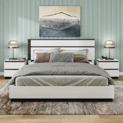 3pc Queen Pape Modern Bed With 2 Nightstands White/Metallic Gray - MiBasics: Contemporary Furniture Set -Nexera Furniture Store GUEST dfbb0088 0993 434c 84fd 3a5ea487e349