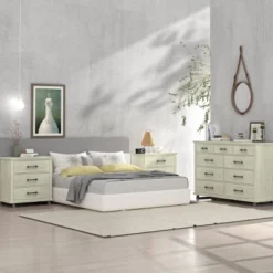 Festivo 3pc Contemporary 9 Drawer Dresser And 3 Drawer Nightstand Set Saw Cut Off-White: MDF, Metal Legs, Anti-Tip -Nexera Furniture Store GUEST dfbc4600 d9ca 46d4 8419 3d3969bc11e2