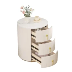 NicBex 1PC/2PCS Round Night Stand With Marble Stickers Top,3 Drawers Nightstand With Metal Handles,Bedside Table For Bedroom,Living Room Furniture