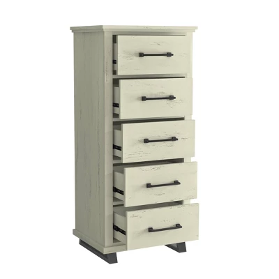 Festivo 3pc Contemporary 24" 5 Drawer Chest And 3 Drawer Nightstand Set Saw Cut Off-White: MDF, Metal Legs, Anti-Tip 10 Festivo 3pc Contemporary 24" 5 Drawer Chest And 3 Drawer Nightstand Set Saw Cut Off-White: MDF, Metal Legs, Anti-Tip - Image 8