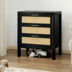 Angel Sar Rattan Night Stand With Drawers, 24'' Wide Boho Bedside Table With Large Storage And Sturdy Legs, Black