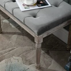 HOMCOM Sitting Bench Tufted Upholstered Fabric Ottoman With Rubberwood Legs For Living Room, Bedroom, Hallway, Grey -Nexera Furniture Store GUEST e959c447 b485 4f84 a1d4 2a83a47f3070