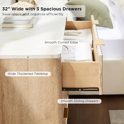 32" Tall Fluted Nightstand, Modern Side Table With Faux Marble Top, 3 Drawers End Table W/Storage, Bedside Table For Bedroom, Living Room 5 32" Tall Fluted Nightstand, Modern Side Table With Faux Marble Top, 3 Drawers End Table W/Storage, Bedside Table For Bedroom, Living Room - Image 4