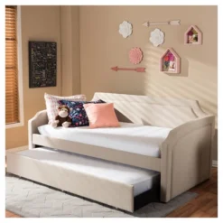 Parkson Modern And Contemporary Linen Fabric Curved Notched Corners Sofa Daybed With Roll - Out Trundle Guest Bed - Twin - Baxton Studio -Nexera Furniture Store GUEST f0acde84 61ca 448e b573 6757149594b9