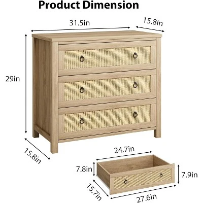 Acekool Drawer Rattan Dresser, Wide Boho Storage Chest With Deep Drawers & Ring Handles For Bedroom, Nursery, Living Room - Natural 3 Acekool Drawer Rattan Dresser, Wide Boho Storage Chest With Deep Drawers & Ring Handles For Bedroom, Nursery, Living Room - Natural