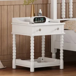 Classic Bedside Nightstand, Wooden Nightstand With Turned Legs And Metal Handle, Night Stand With Drawer And Open Shelf Storage-Baofuwish -Nexera Furniture Store GUEST f28a7548 7fd8 45cf 80af 4fe4d17f362a