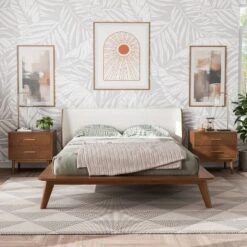 HOMES: Inside + Out 3pc King Riverstone Mid-Century Boucle Platform Bedroom Set With 2 Nightstands Walnut