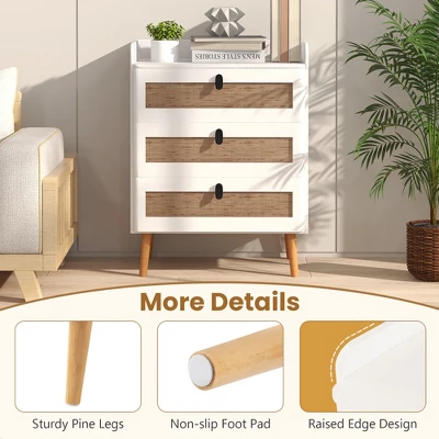 Tangkula Modern Nightstand End Bedside Table W/ 3 Rattan Drawers & Solid Wood Legs White 8 Tangkula Modern Nightstand End Bedside Table W/ 3 Rattan Drawers & Solid Wood Legs White - Image 6