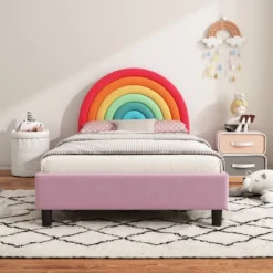 Twin Size Upholstered Platform Bed With Rainbow Design Headboard, Cute Style Princess Bed For Boys & Girls, Teens, Colorful & Pink-ModernLuxe