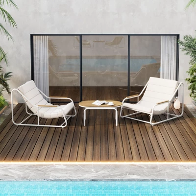 VASIP Set Of 3 Outdoor Chaise Lounge Set - Pool Lounge Chairs With Acacia Side Table For Patio, Lawn, Deck And Beach (Beige White) 3 VASIP Set Of 3 Outdoor Chaise Lounge Set - Pool Lounge Chairs With Acacia Side Table For Patio, Lawn, Deck And Beach (Beige White)