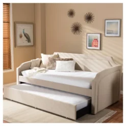 Parkson Modern And Contemporary Linen Fabric Curved Notched Corners Sofa Daybed With Roll - Out Trundle Guest Bed - Twin - Baxton Studio -Nexera Furniture Store GUEST fbbc9ff5 f7da 43a1 abdd 630f12c8a286